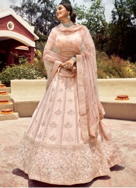 Patch Border Faux Crepe Lehenga Choli in Beige