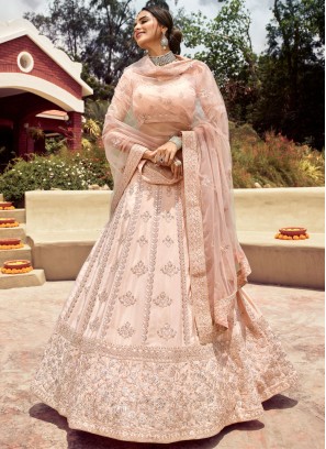 Patch Border Faux Crepe Lehenga Choli in Beige