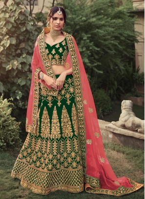 Patch Border Satin Lehenga Choli in Green