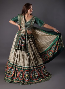 Green and Cream Patola Printed Lehenga Choli