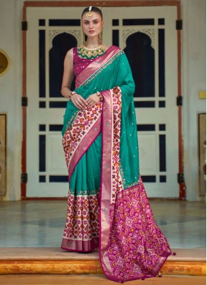 Sea Green Patola Silk Aariwork Saree