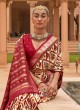 Beige and Red Patola Silk Foil Print Saree