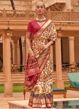 Beige and Red Patola Silk Foil Print Saree