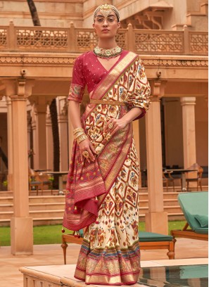 Beige and Red Patola Silk Foil Print Saree