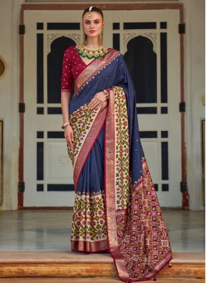 Blue and Maroon Patola Print Silk Designer Saree