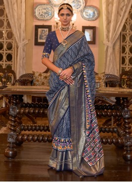 Dark Blue Patola Printed Designer Silk Saree