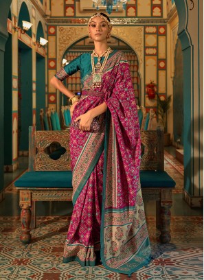 Rani and Teal Blue Patola Silk Contemporary Saree