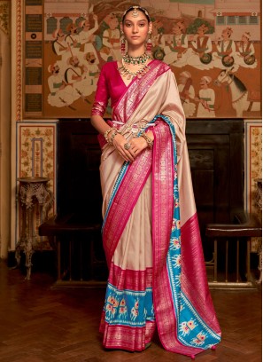 Cream and Deep Pink Silk Woven Saree