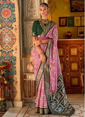 Pink and Dark Green Patola Silk Saree