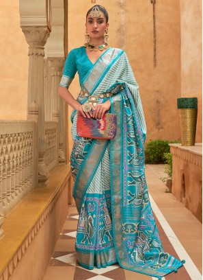 Aqua Blue Patola Silk Woven Saree