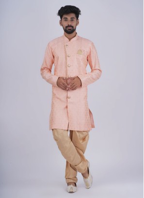 Peach And Golden Indowestern In Silk Fabric