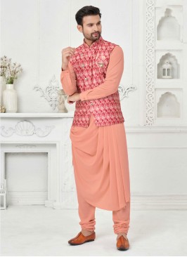 Peach And Multi Color Cowl Style Nehru Jacket Set