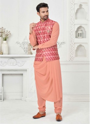 Peach And Multi Color Cowl Style Nehru Jacket Set