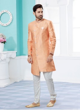 Peach And Off White Printed Indowestern Set For Men