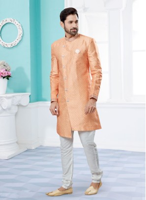 Peach And Off White Printed Indowestern Set For Men