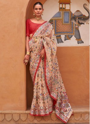 Peach and Red Brasso Reception Saree