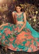 Peach and Turquoise Shibori Print Velvet Lehenga Choli