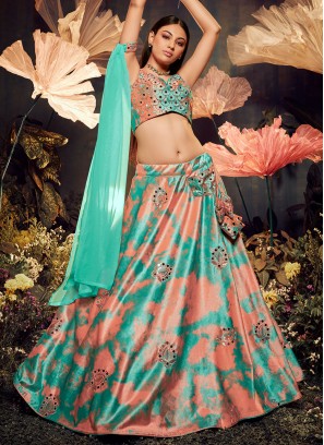 Peach and Turquoise Shibori Print Velvet Lehenga Choli