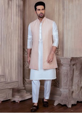 Peach And White Embroidered Nehru Jacket Set For Men