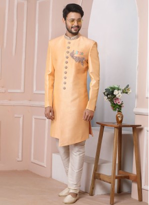 Peach Art Banarasi Silk Indowestern For Men