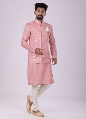 Peach Color Art Silk Nehru Jacket Set