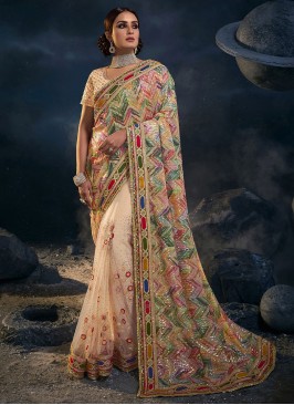 Peach Designer Saree With Multi Color Sequins Pallu