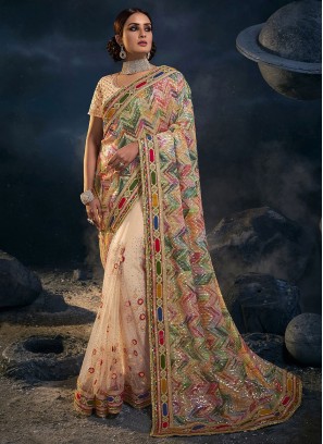 Peach Designer Saree With Multi Color Sequins Pallu