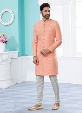 Peach Color Embroidered Indowestern Set For Men