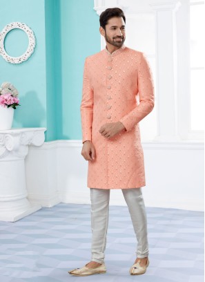 Peach Color Embroidered Indowestern Set For Men