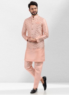 Peach Color Nehru Jacket Set For Wedding