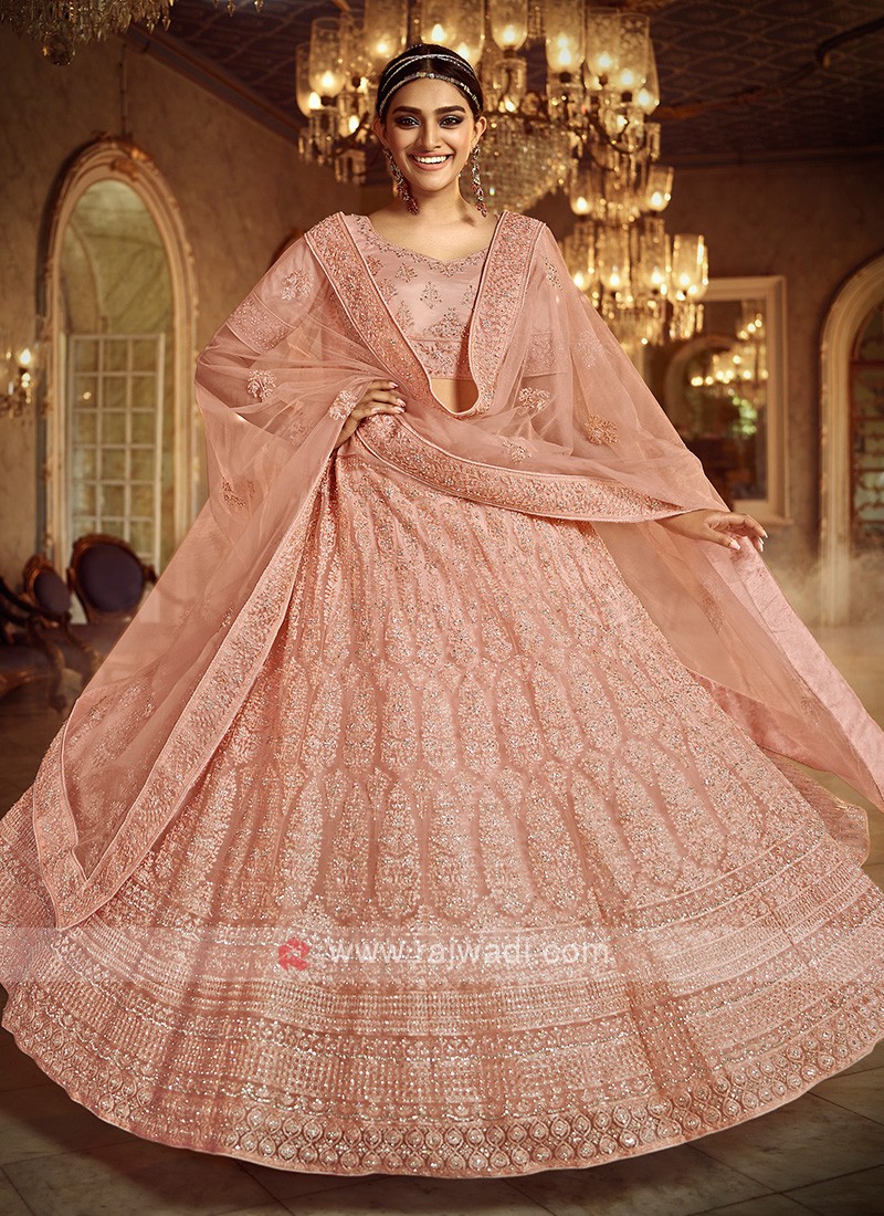 Odette Women Peach Elegant Semi Stitched Lehenga With Unstitched Blous