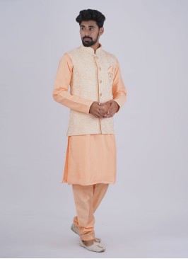 Peach Color Wedding Wear Men Nehru Jacket Set