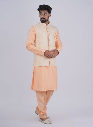 Peach Color Wedding Wear Men Nehru Jacket Set