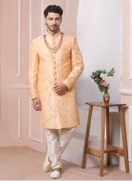 Peach Color Wedding Wear Sherwani For Men