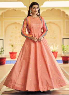 Peach Designer Gown With Multi-Color Jacket