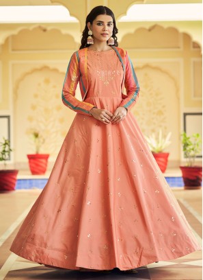 Peach Designer Gown With Multi-Color Jacket