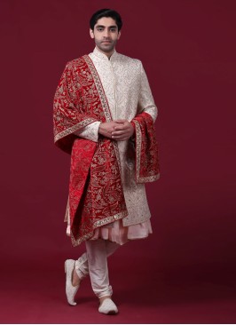 Peach Embroidered Anarkali Style Sherwani For Men