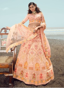 Peach Embroidered Georgette Lehenga Choli