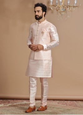 Peach Embroidered Nehru Jacket Set