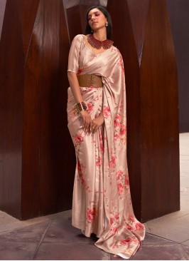 Peach Floral Printed Satin Crepe Saree