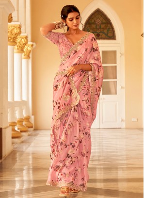 Peach Floral Printed Designer Organza Saree