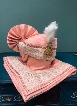 Peach Groom Wear Art Silk Safa And Dupatta