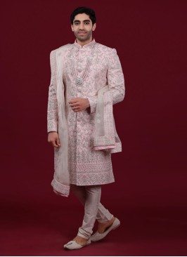 Light Pink Heavy Embroidered Net Silk Sherwani Set