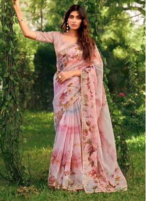 Peach Party Wear Organza Saree