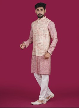 Peach Readymade Silk Nehru Jacket