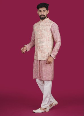 Peach Readymade Silk Nehru Jacket