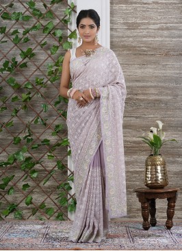 Lavender Resham Embellished Contemporary Chiffon Saree