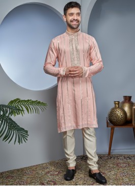 Peach Sequins Embroidered Kurta Set