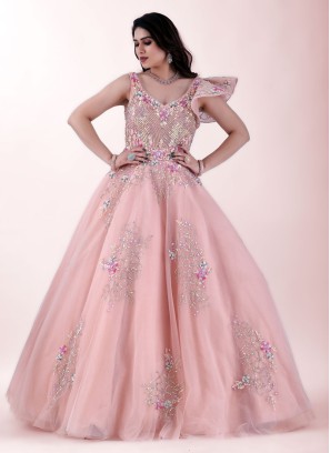 Onion Pink Embroidered Designer Gown