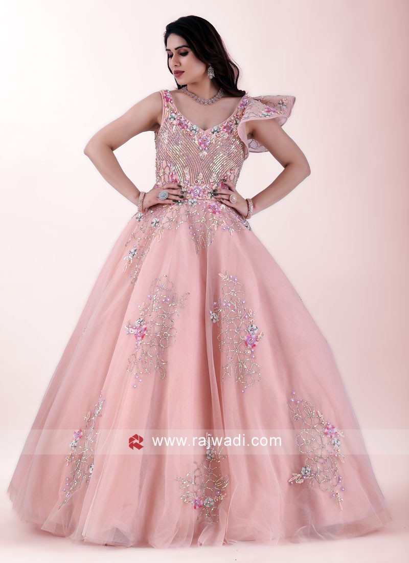 Peach Sequins Embroidered Designer Gown